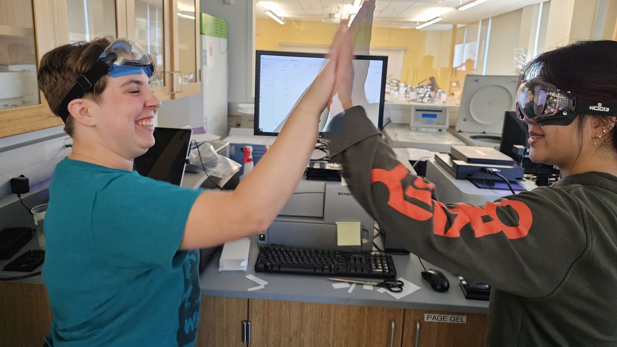 Two students high-fiving across a lab bench, both smiling and wearing safety goggles