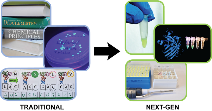 Traditional learning with biochemistry textbooks and a codon-matching activity, contrasted with next-generation hands-on work using fluorescent protein tubes, a protein structure and lab pipettes.