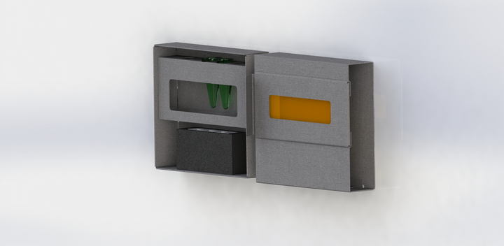 Rendering of the Fold-Illuminator, a compact gray incubator-illuminator box with two windowed compartments, one fitted with an amber filter.